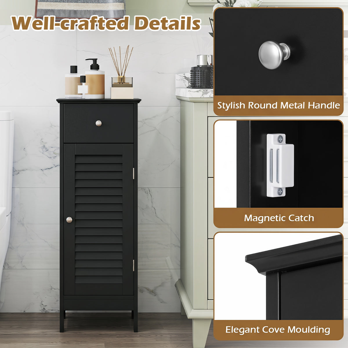 Narrow Bathroom Storage Cabinet with Drawer, Black