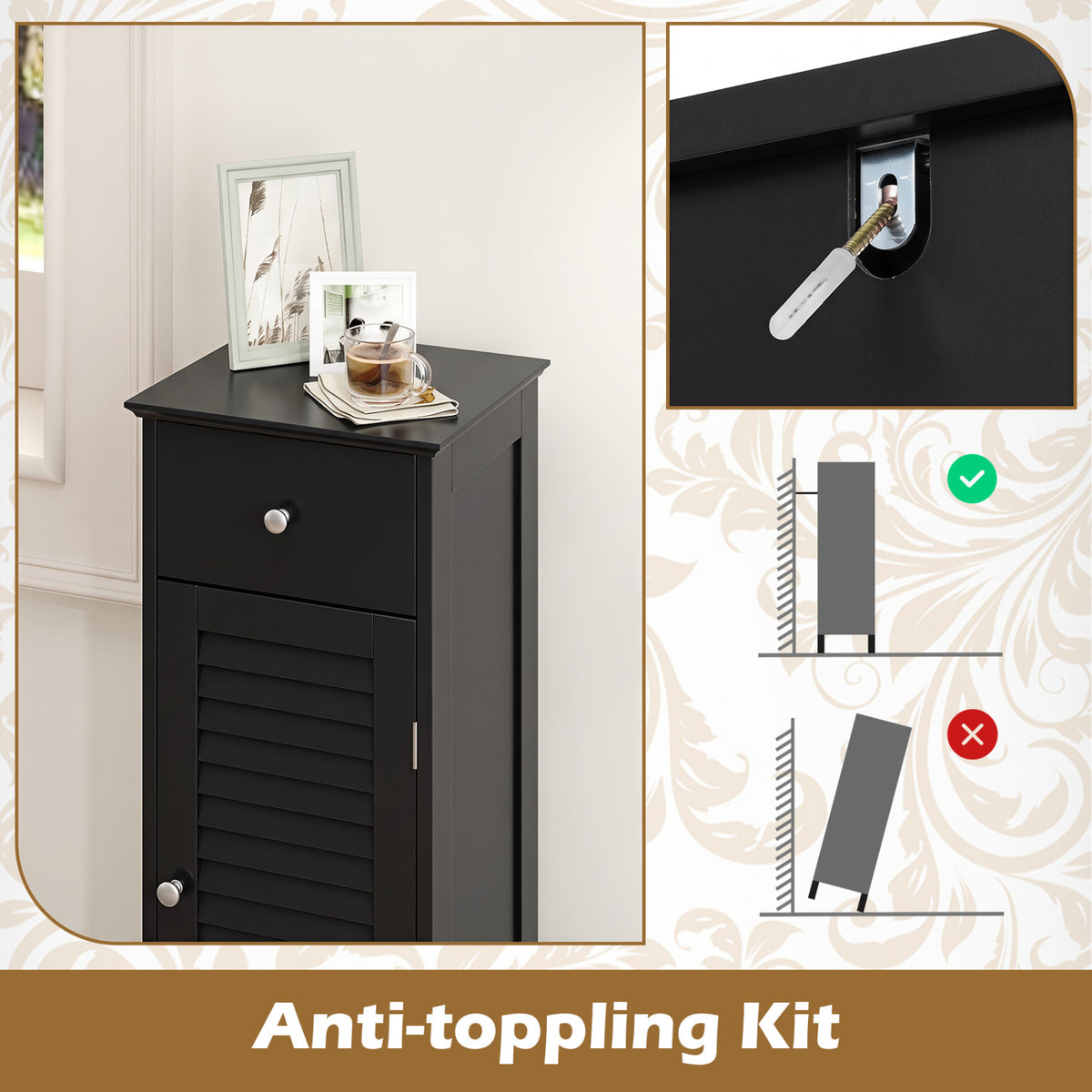 Narrow Bathroom Storage Cabinet with Drawer, Black