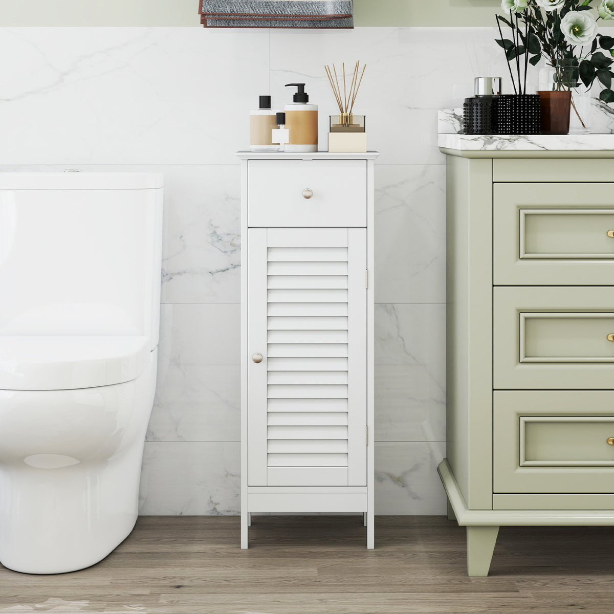 Narrow Bathroom Storage Cabinet with Drawer, White