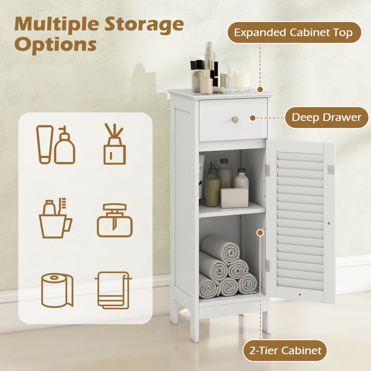 Narrow Bathroom Storage Cabinet with Drawer, White