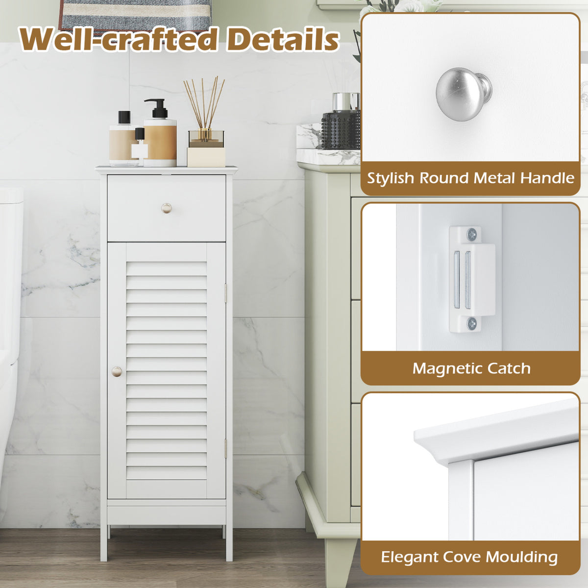 Narrow Bathroom Storage Cabinet with Drawer, White