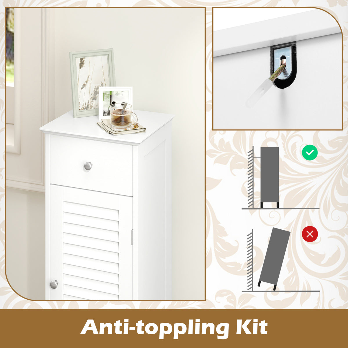 Narrow Bathroom Storage Cabinet with Drawer, White