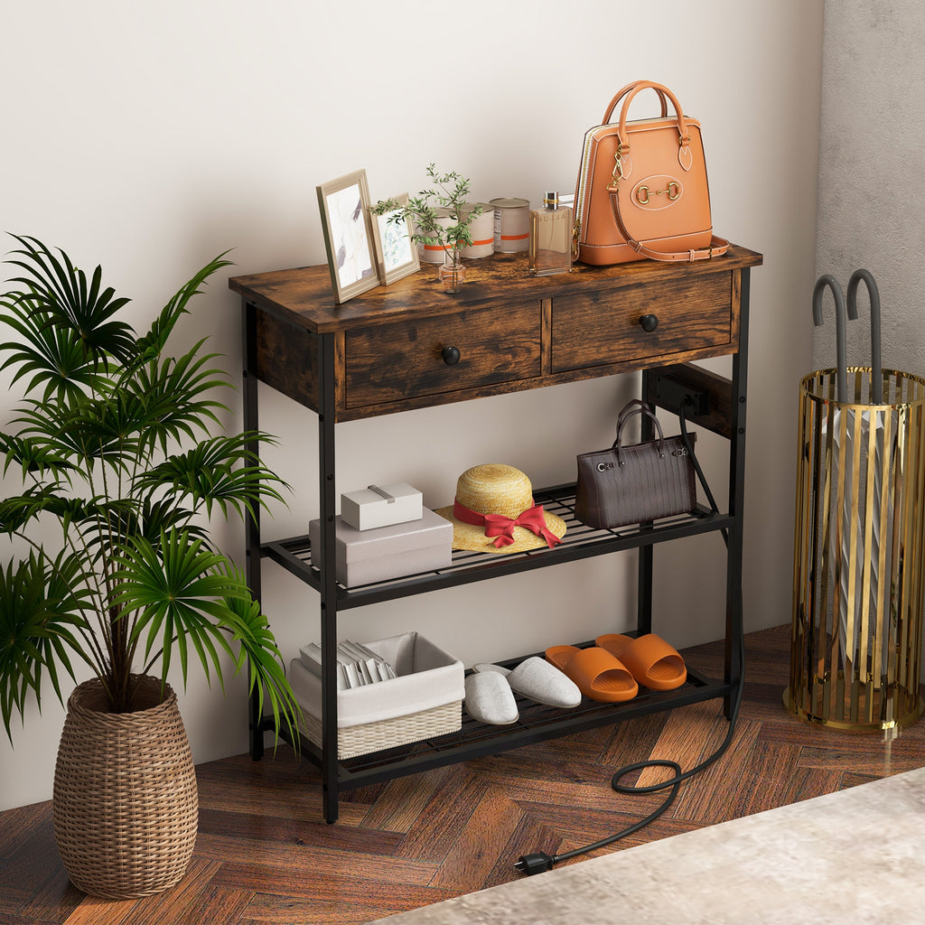 Narrow Console Table with 2 Drawers & 2 Metal Mesh Shelves, Gray