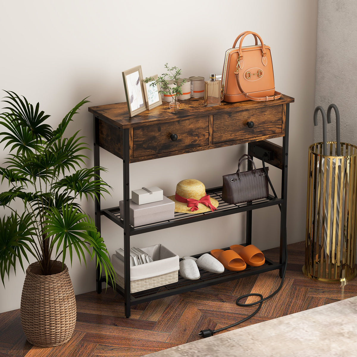 Narrow Console Table with 2 Drawers & 2 Metal Mesh Shelves, Gray