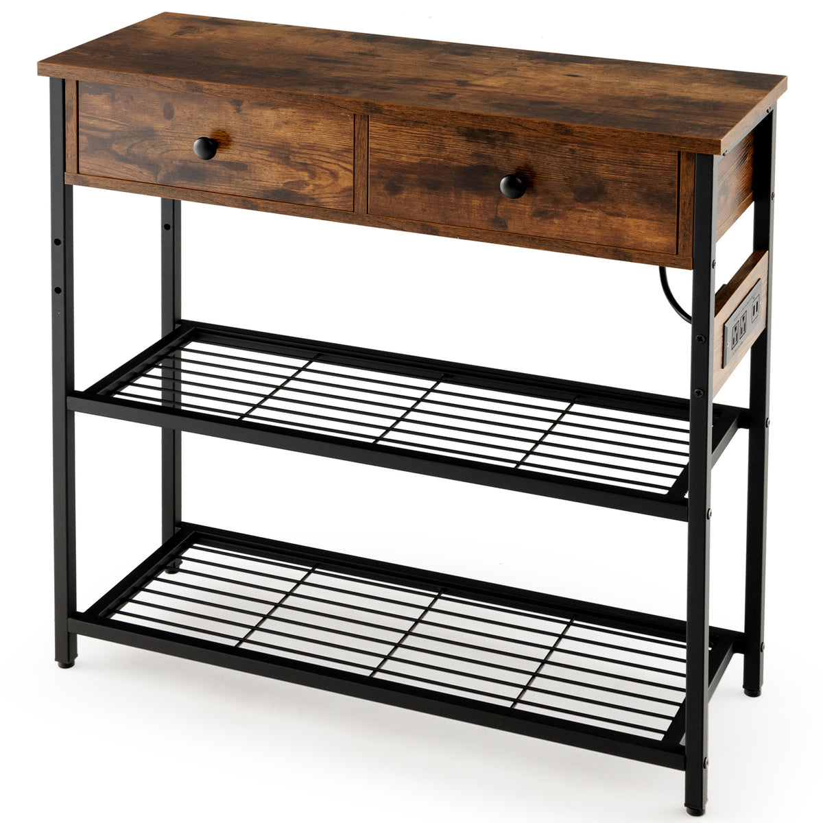 4-Tier Industrial Console Table with Wire Basket and shelf