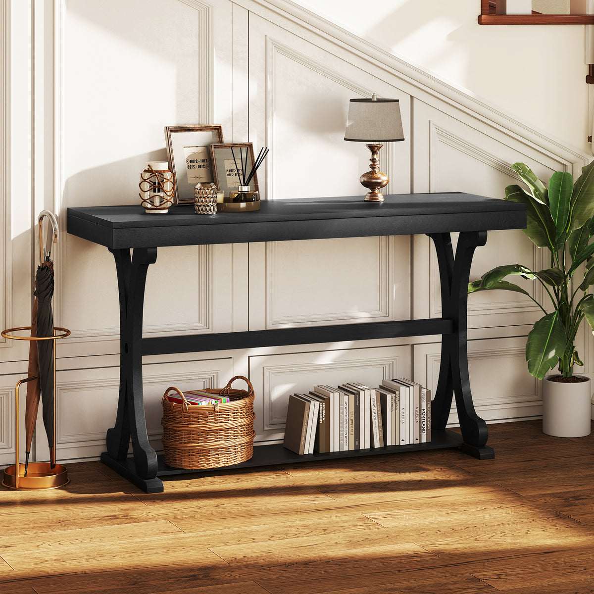 Narrow Console Table 52 Inch Vintage with Open Storage Shelf - Black
