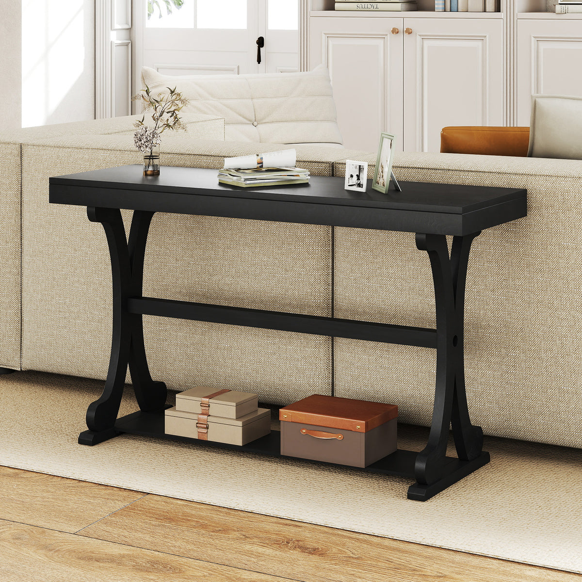 Narrow Console Table 52 Inch Vintage with Open Storage Shelf - Black
