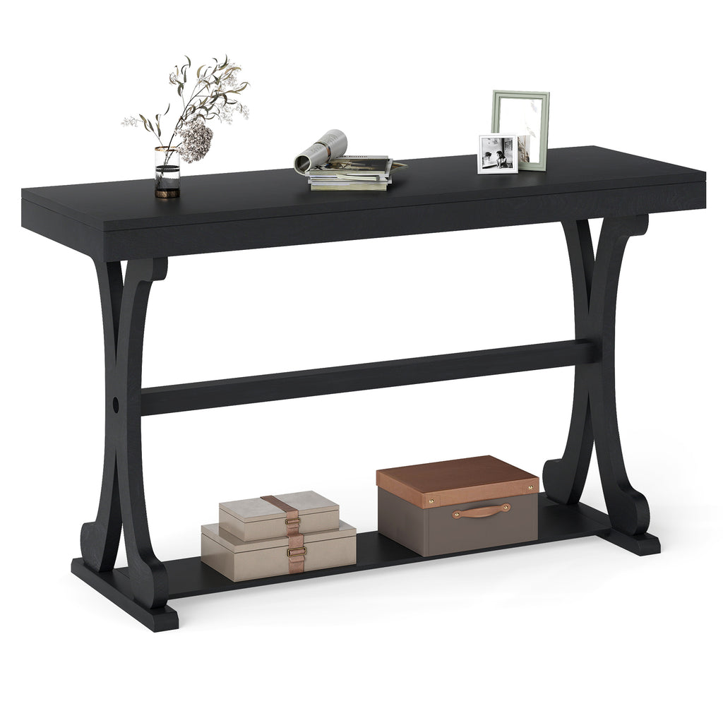 Narrow Console Table 52 Inch Vintage with Open Storage Shelf - Black