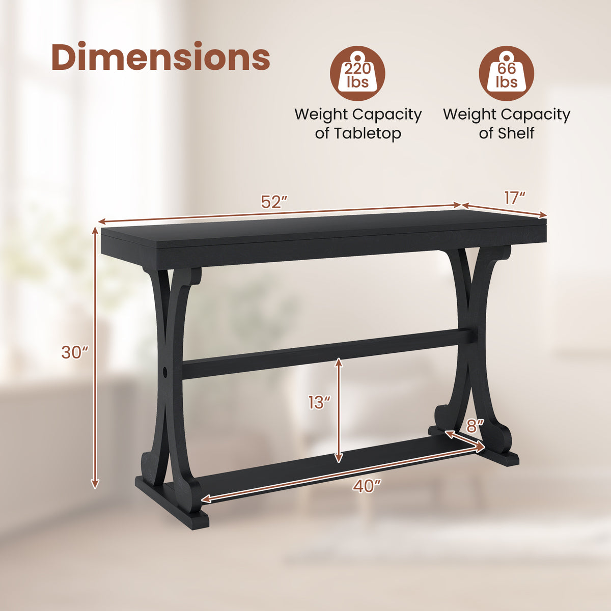 Narrow Console Table 52 Inch Vintage with Open Storage Shelf - Black