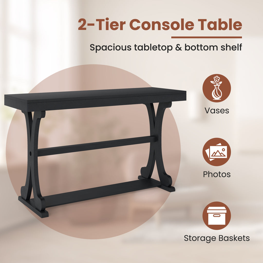 Narrow Console Table 52 Inch Vintage with Open Storage Shelf - Black