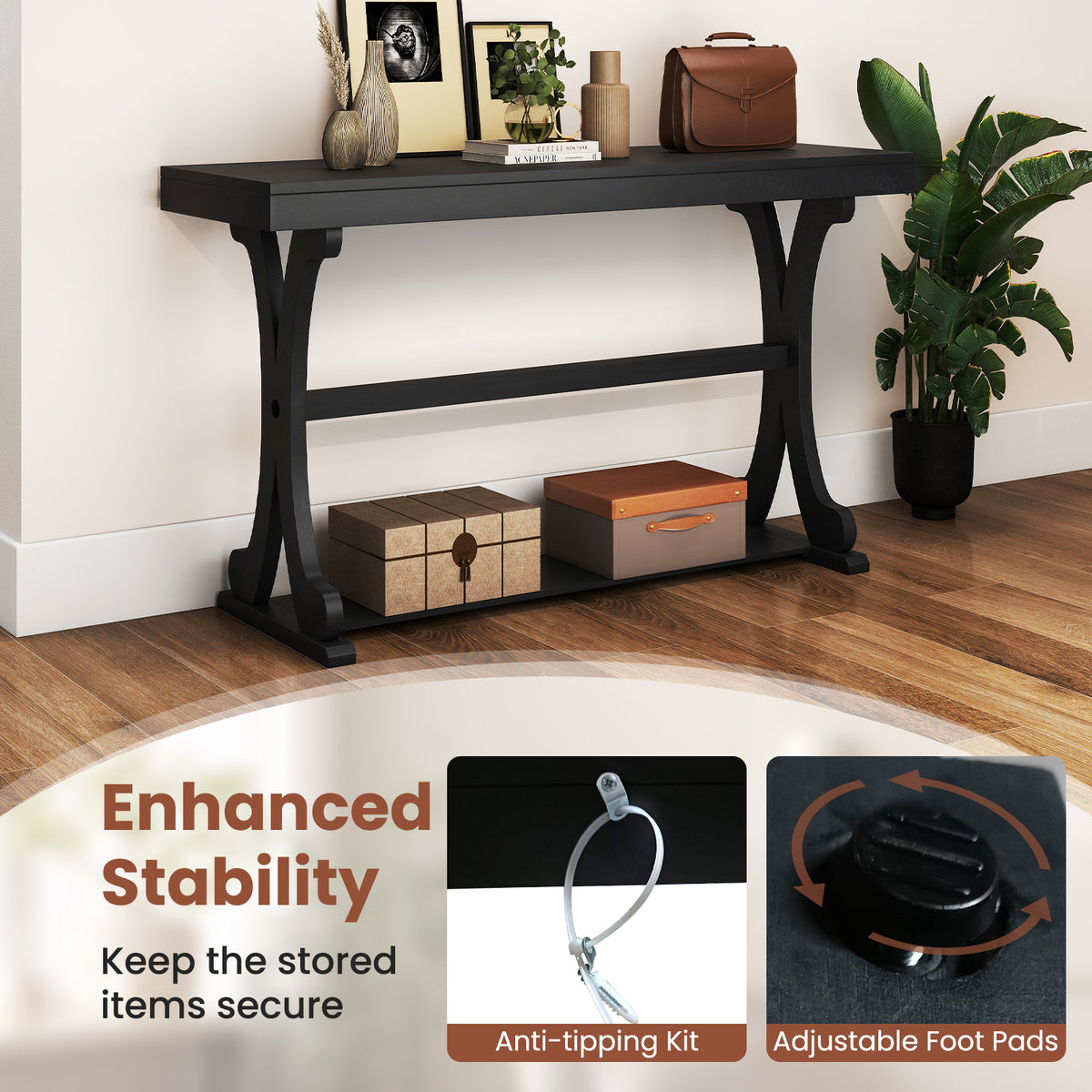 Narrow Console Table 52 Inch Vintage with Open Storage Shelf - Black