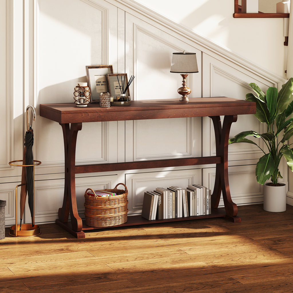 Narrow Console Table 52 Inch Vintage with Open Storage Shelf - Black