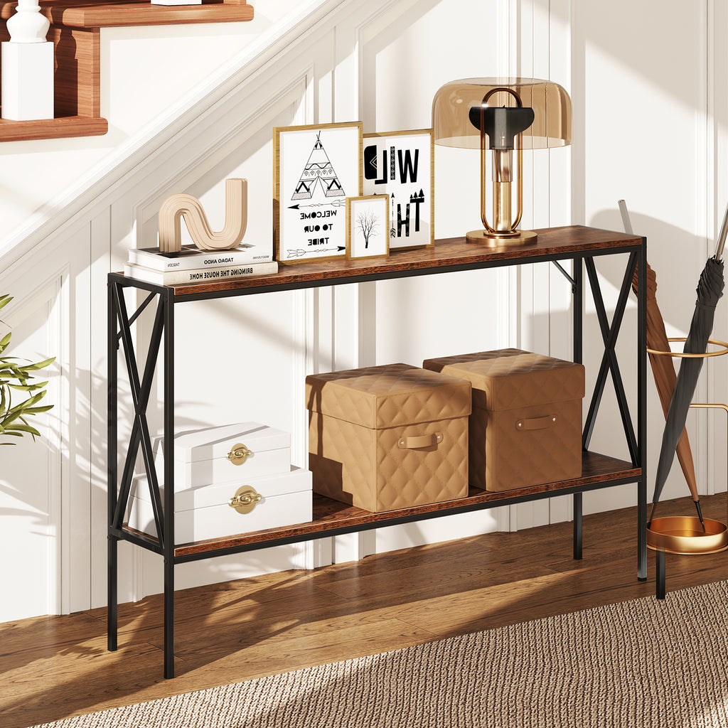 Narrow Console Table 2-Tier Entryway Storage, Rustic Brown
