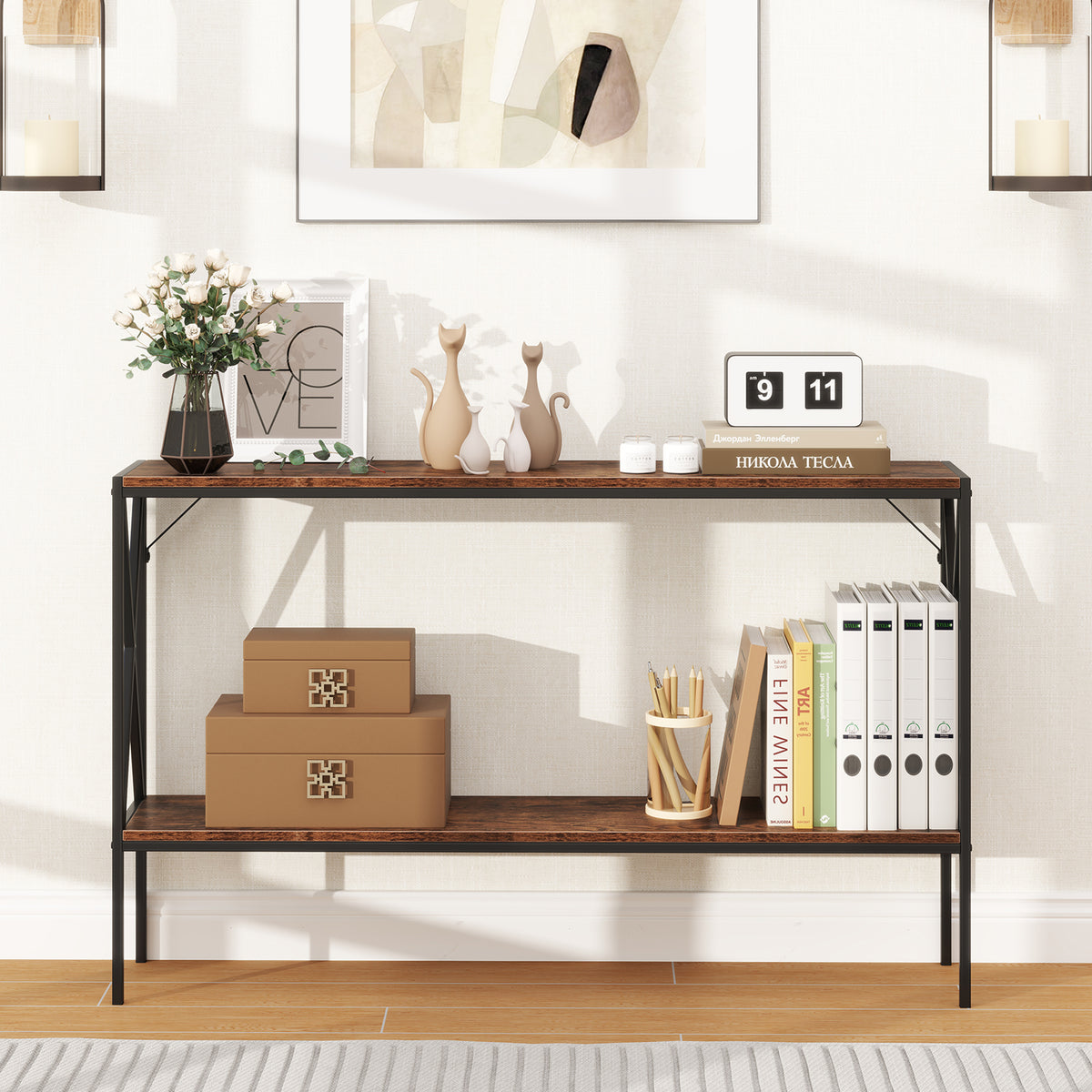 Narrow Console Table 2-Tier Entryway Storage, Rustic Brown