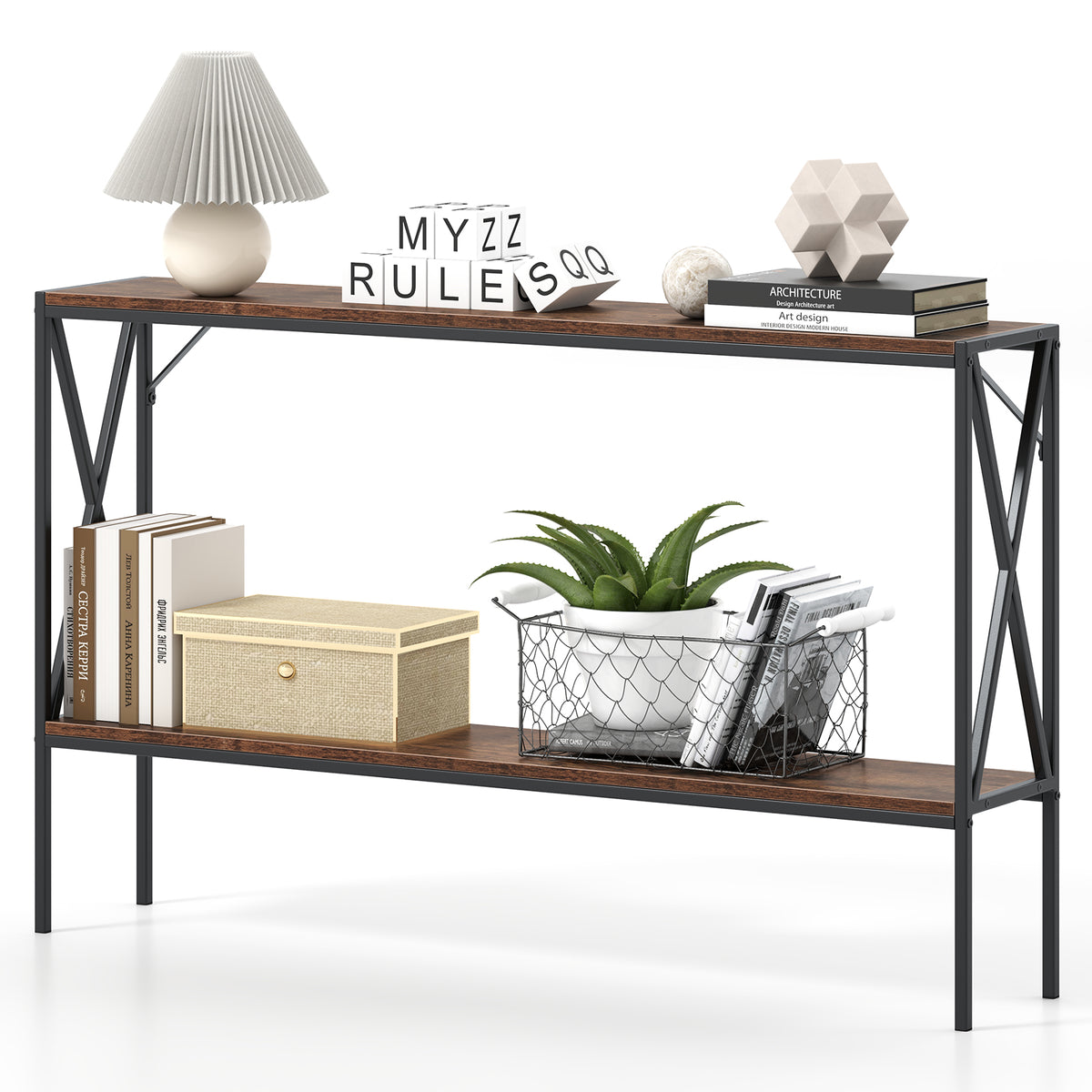 Narrow Console Table 2-Tier Entryway Storage, Rustic Brown