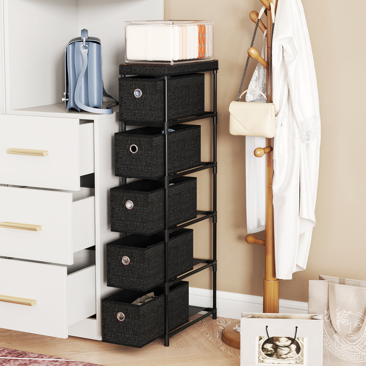 Narrow Dresser with 5 Drawers, Black