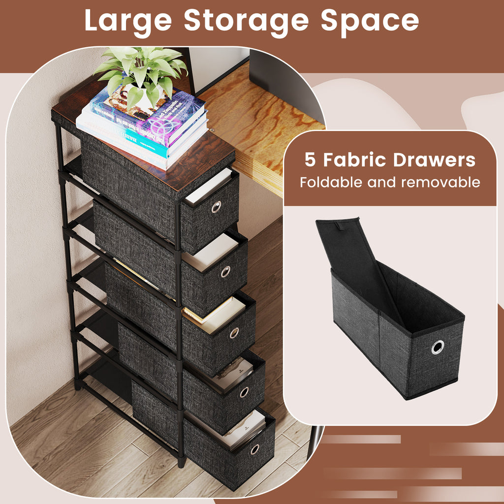 Narrow Dresser with 5 Drawers, Black