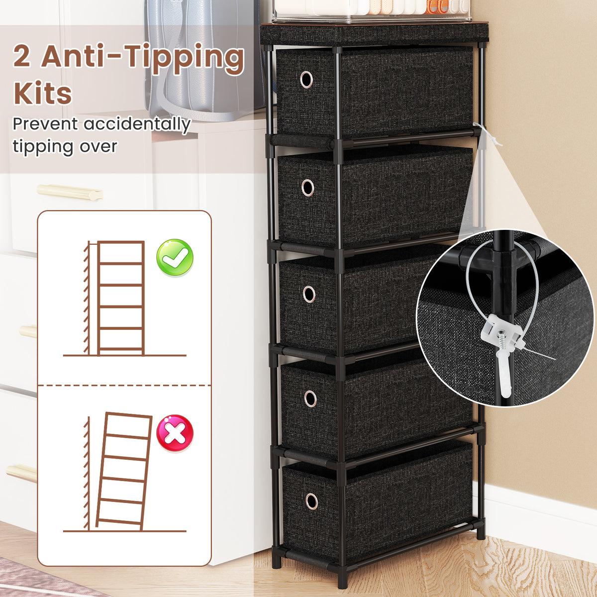 Narrow Dresser with 5 Drawers, Black