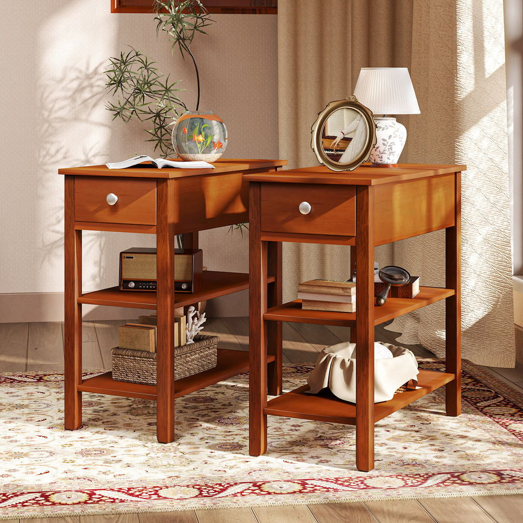 3-Tier Narrow End Table with Drawer - Set of 2, Brown