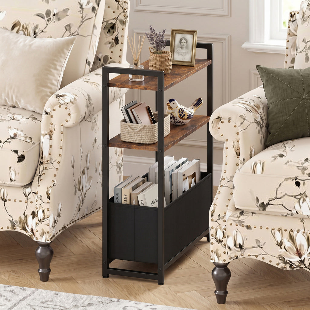 Narrow End Table with Storage Shelves - Rustic Brown