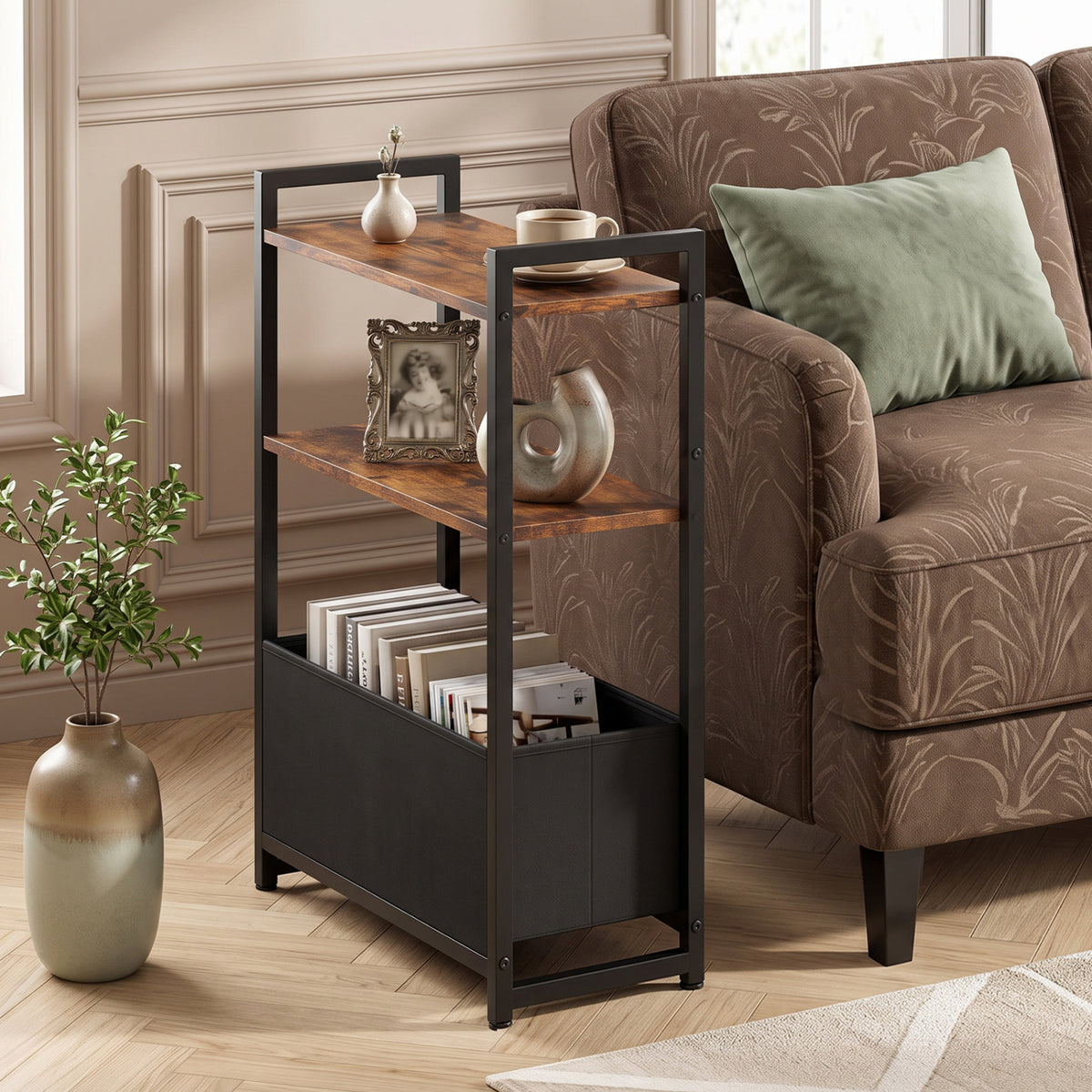 Narrow End Table with Storage Shelves - Rustic Brown