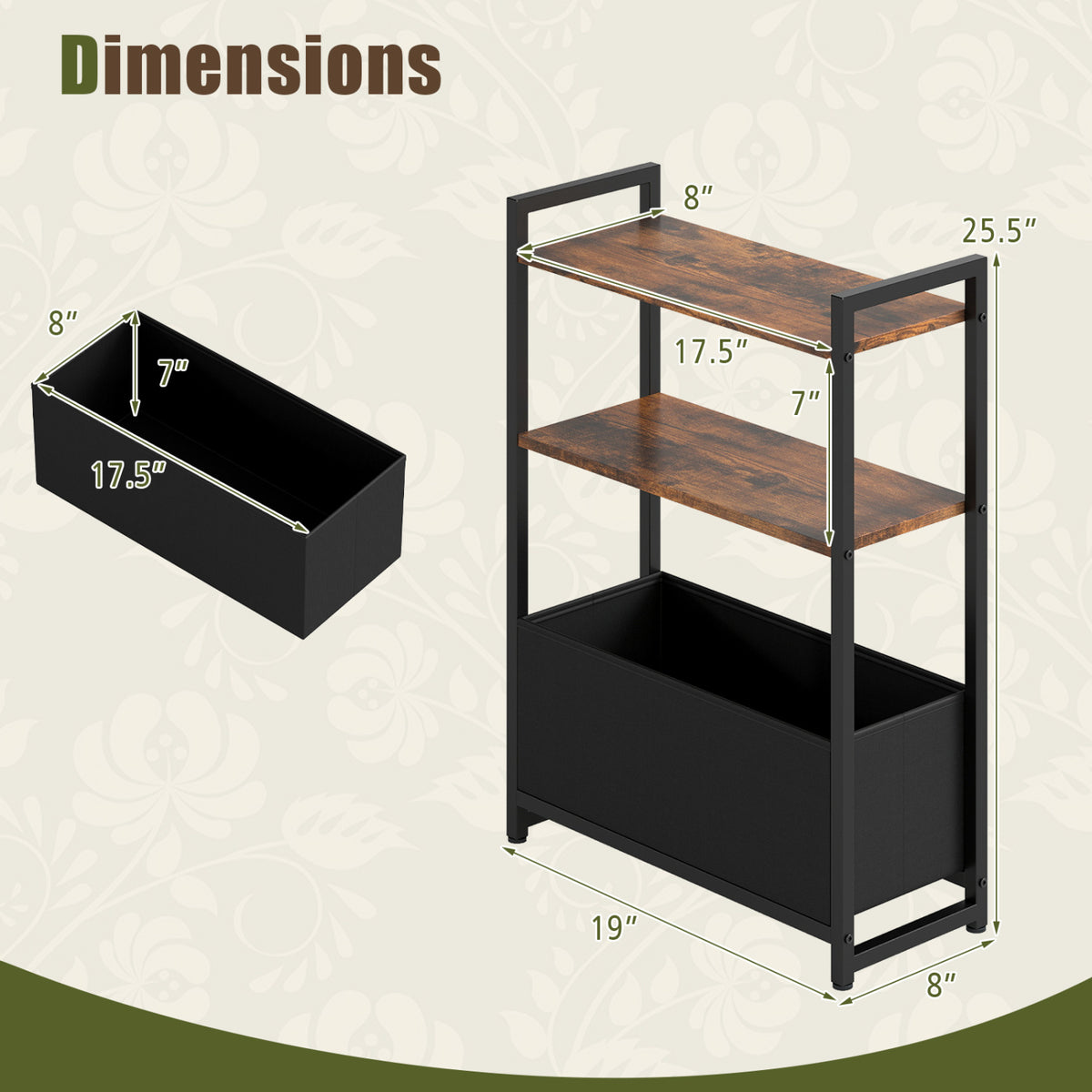 Narrow End Table with Storage Shelves - Rustic Brown