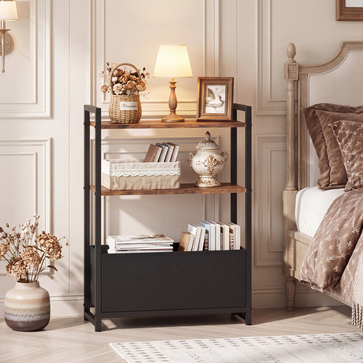Narrow End Table with Storage Shelves - Rustic Brown