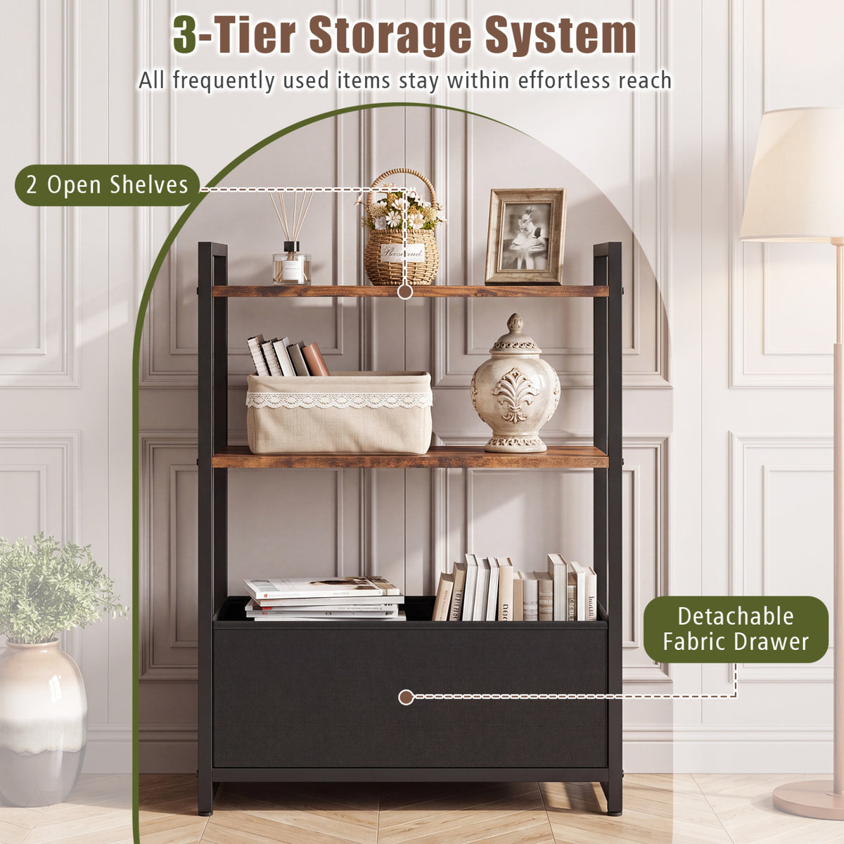 Narrow End Table with Storage Shelves - Rustic Brown