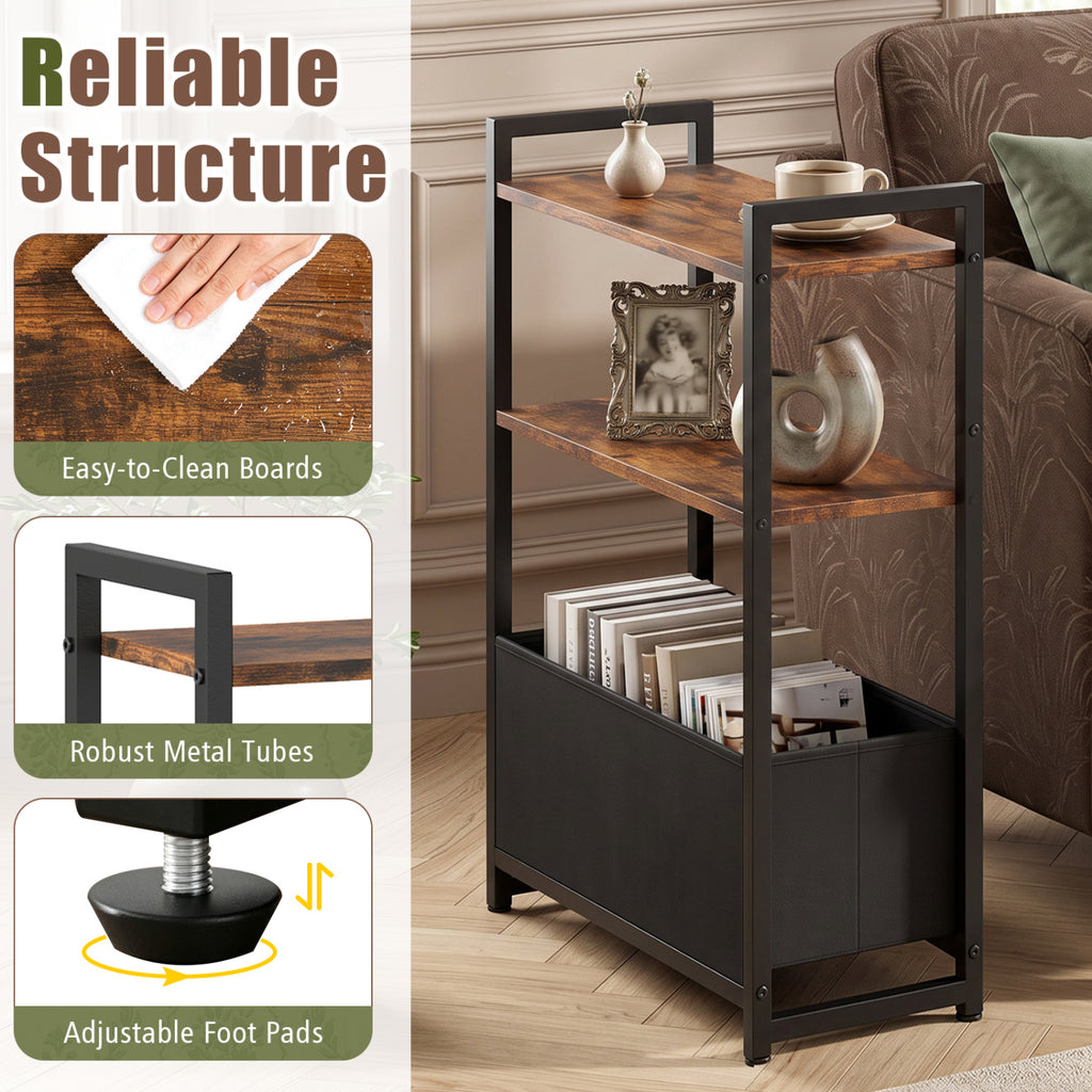 Narrow End Table with Storage Shelves - Rustic Brown