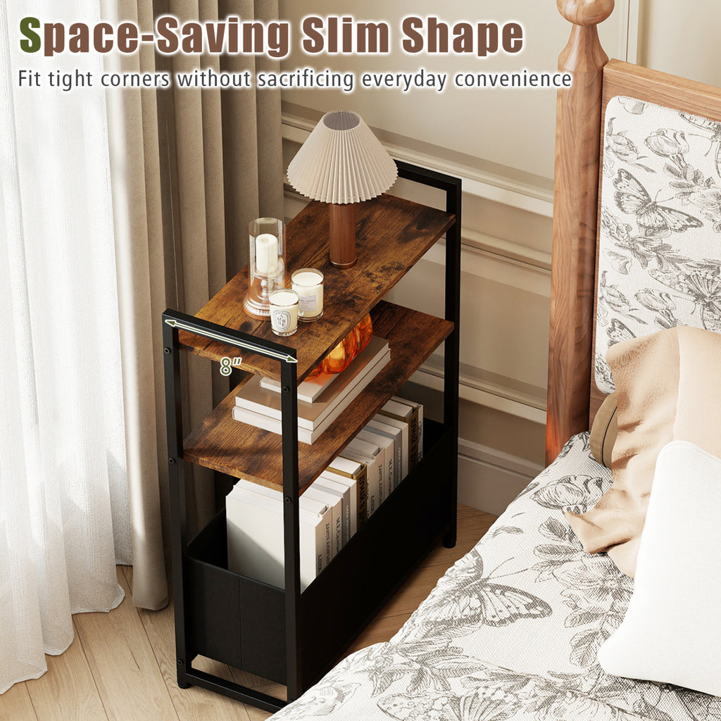 Narrow End Table with Storage Shelves - Rustic Brown