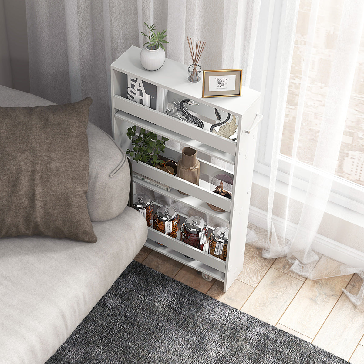 Narrow Mobile Serving Cart with Open Shelves - Off White