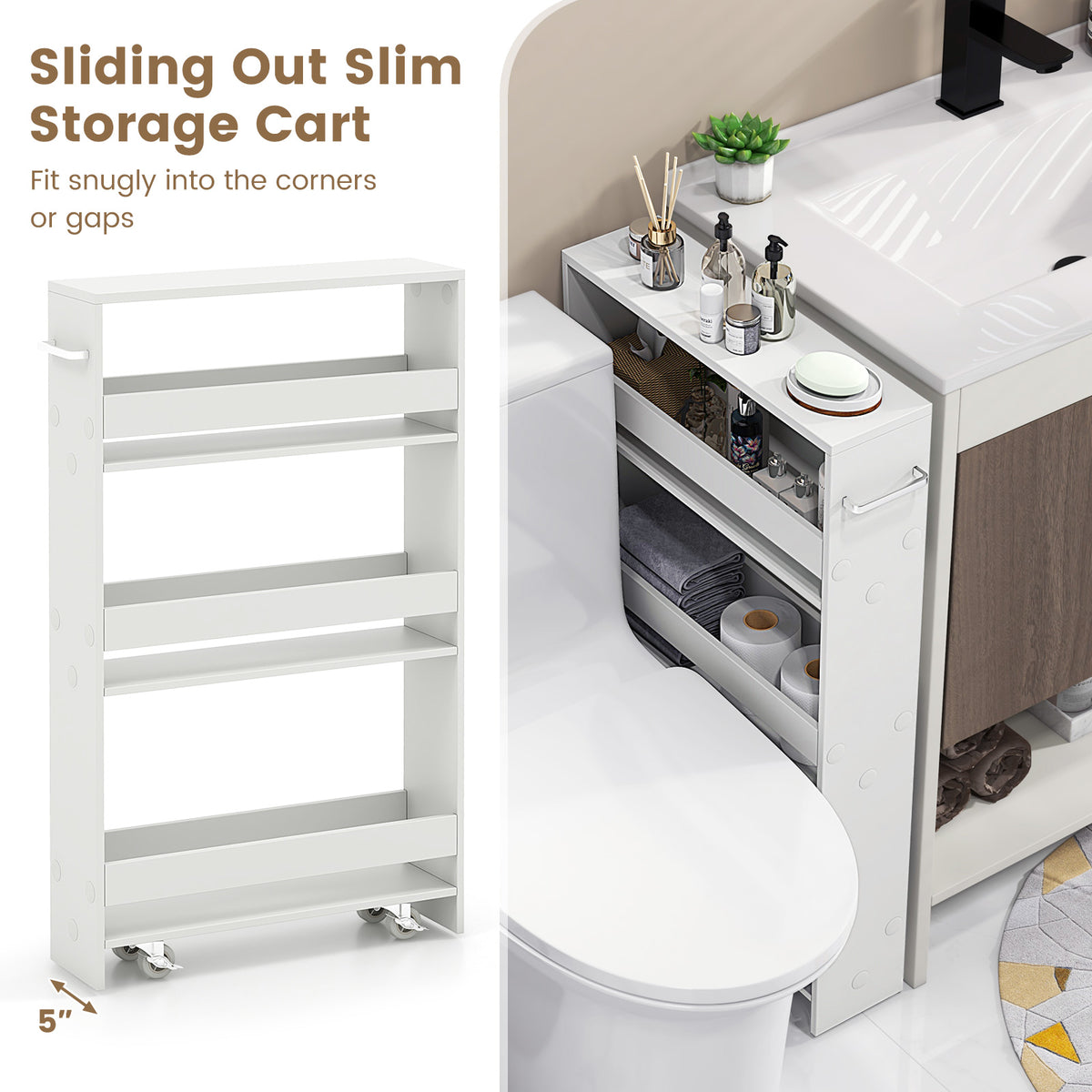 Narrow Mobile Serving Cart with Open Shelves - Off White