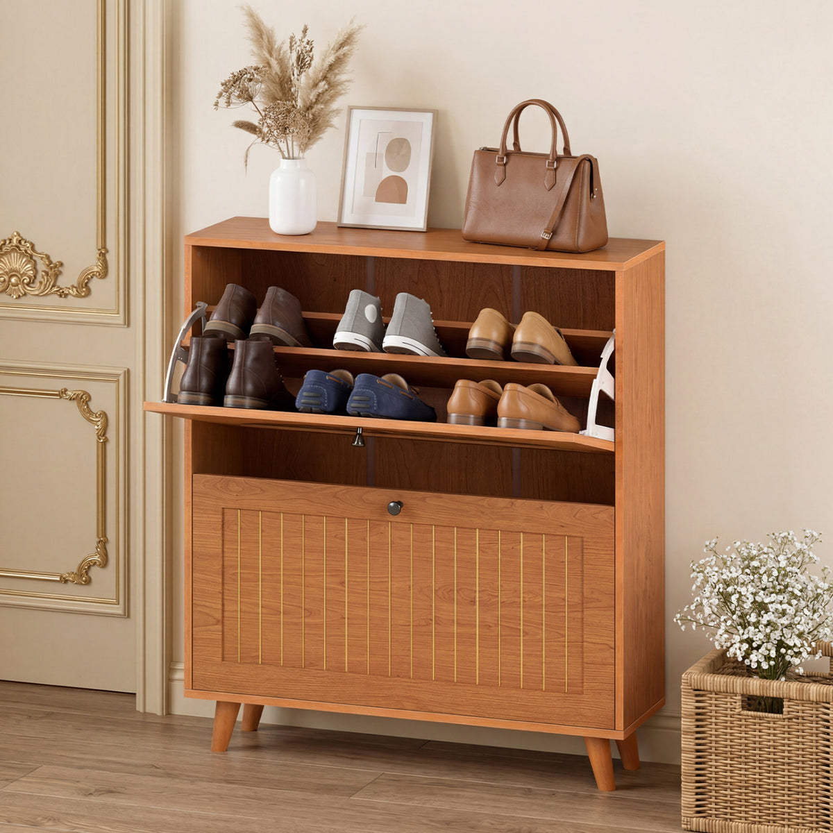 Narrow Shoe Cabinet with Adjustable Shelves - Oak
