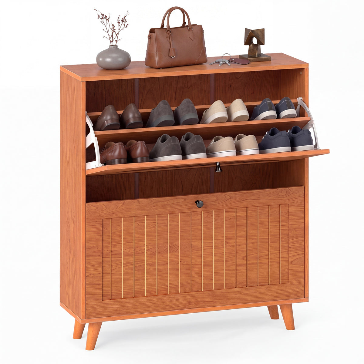 Narrow Shoe Cabinet with Adjustable Shelves - Oak