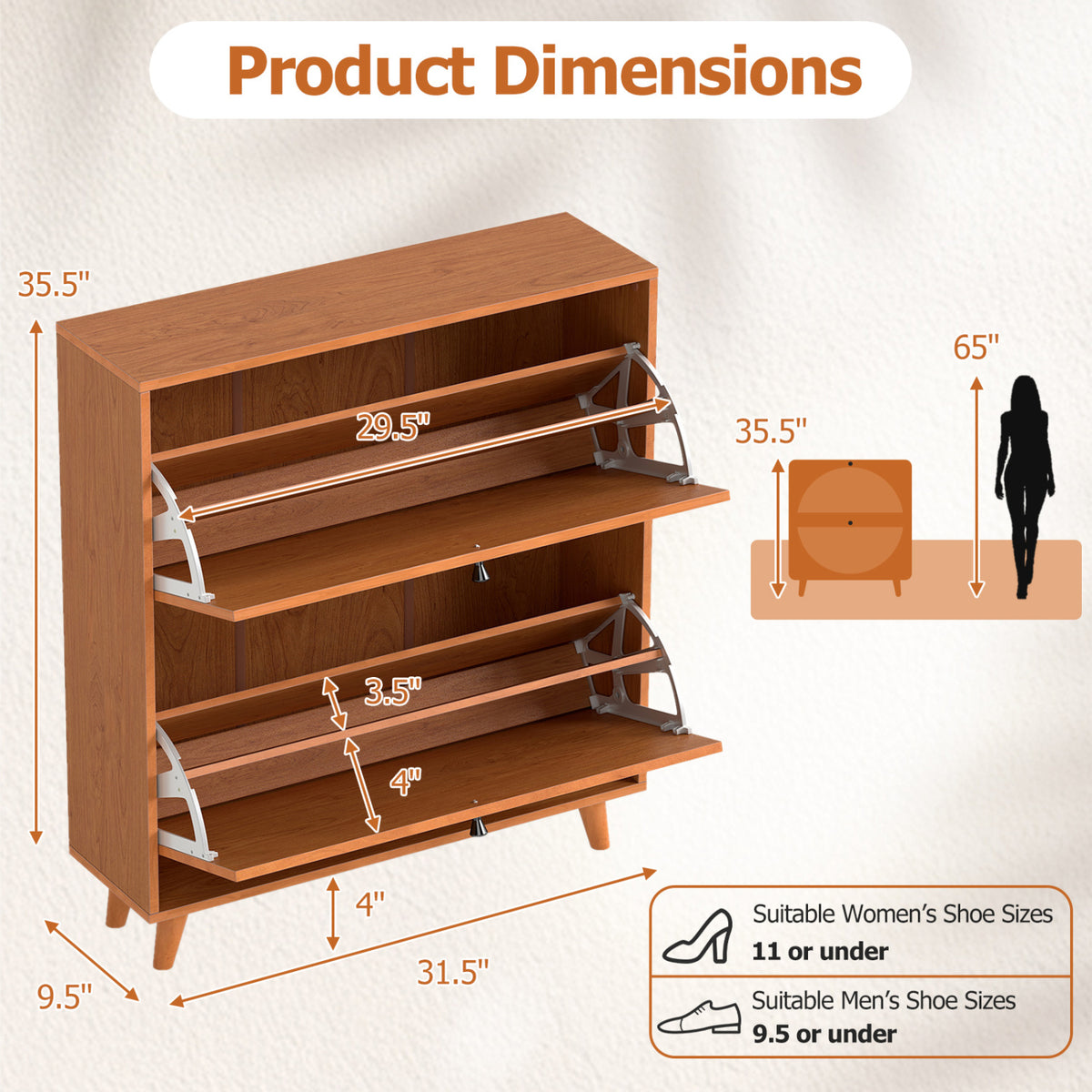 Narrow Shoe Cabinet with Adjustable Shelves - Oak