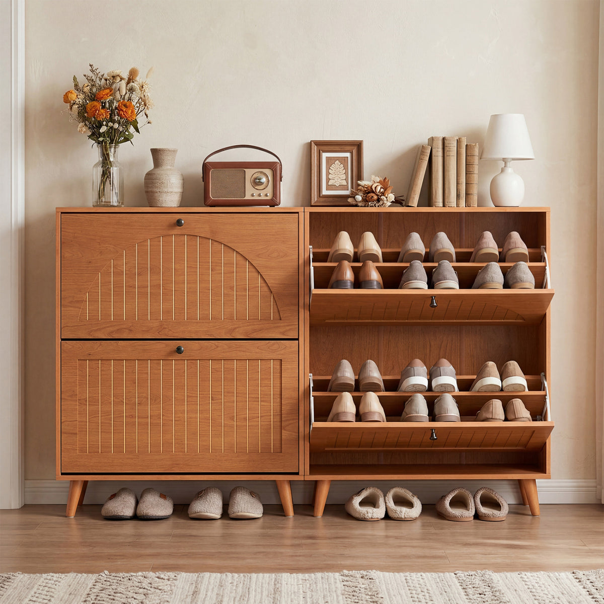 Narrow Shoe Cabinet with Adjustable Shelves - Oak