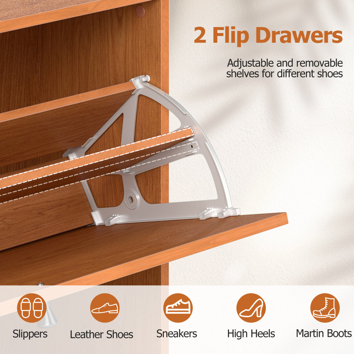 Narrow Shoe Cabinet with Adjustable Shelves - Oak