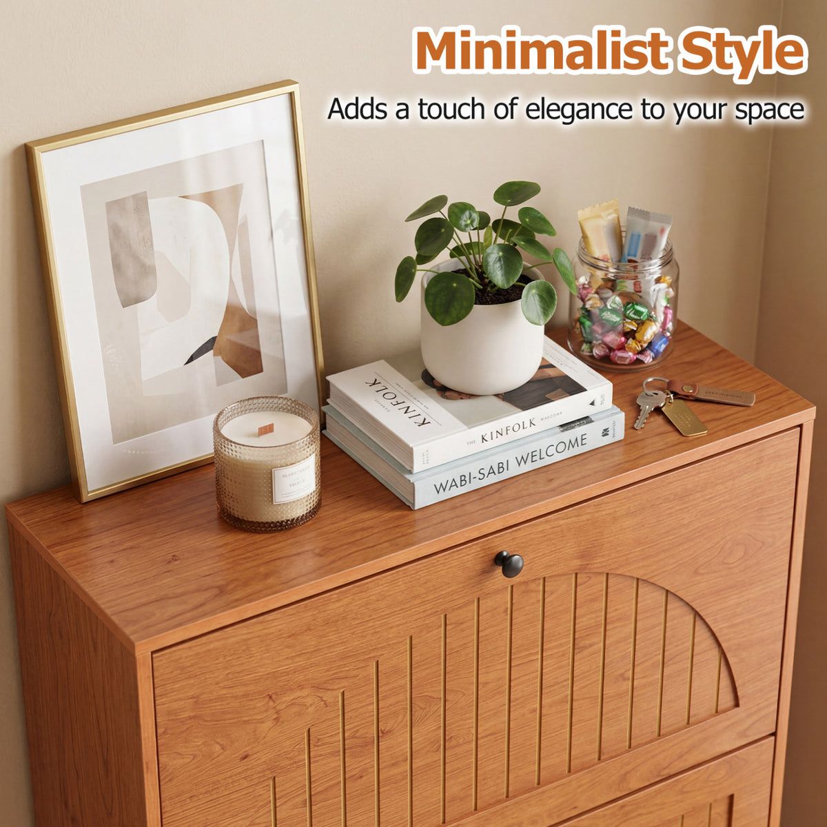 Narrow Shoe Cabinet with Adjustable Shelves - Oak