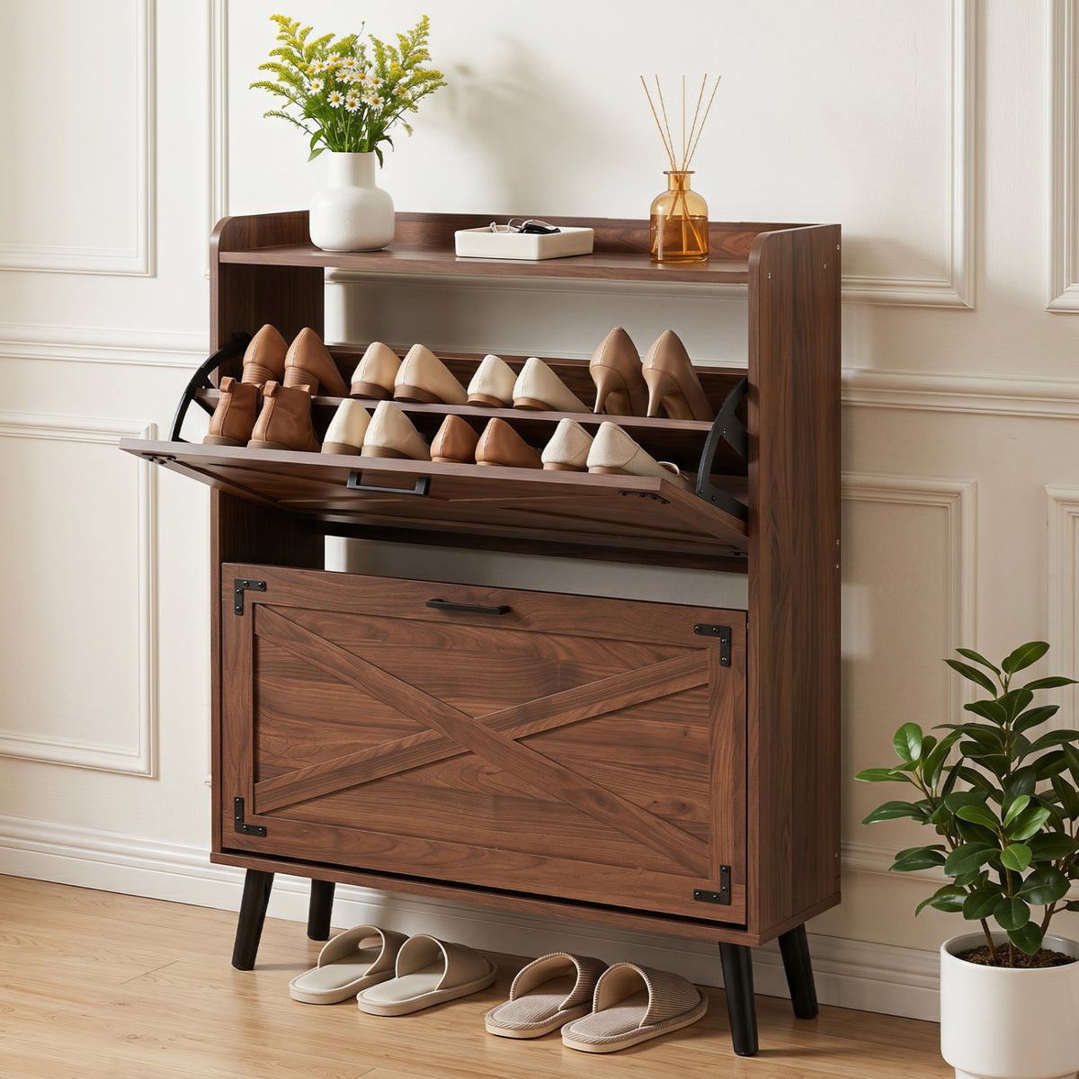 Narrow Shoe Cabinet with Adjustable Shelves - Brown