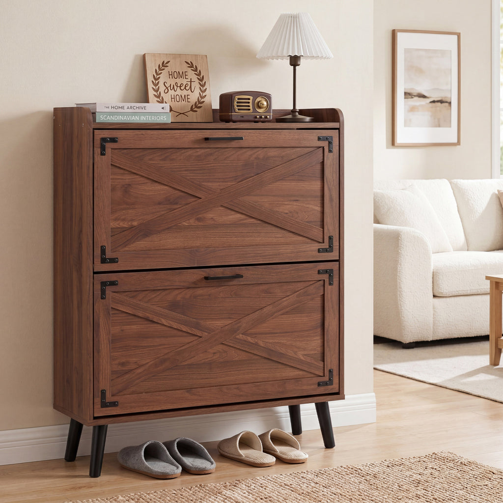 Narrow Shoe Cabinet with Adjustable Shelves - Brown