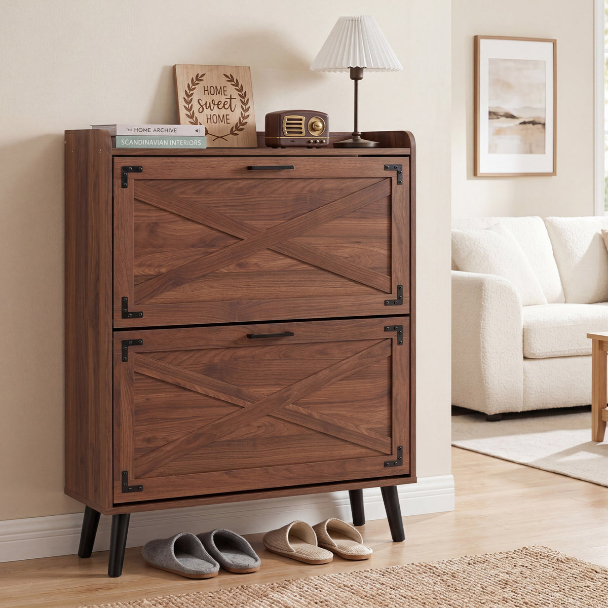 Narrow Shoe Cabinet with Adjustable Shelves - Brown