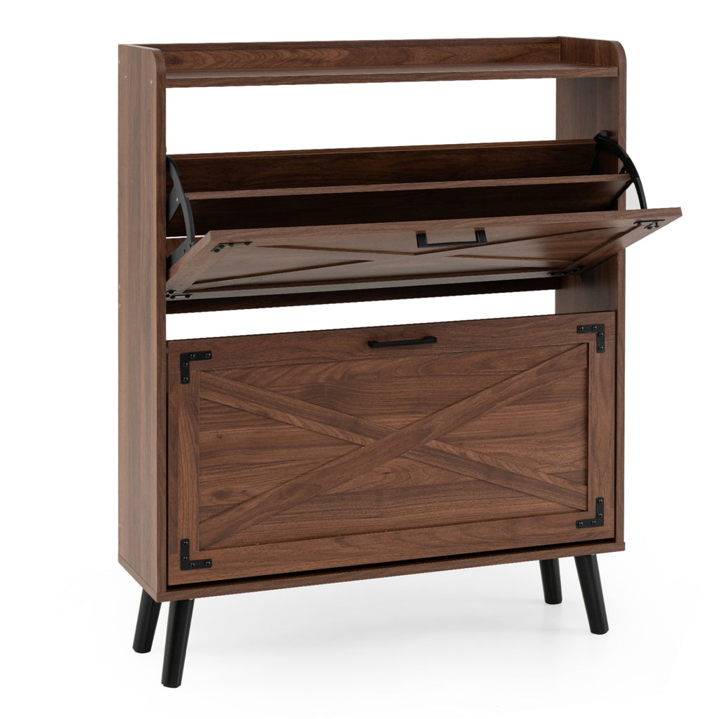 Narrow Shoe Cabinet with Adjustable Shelves - Brown