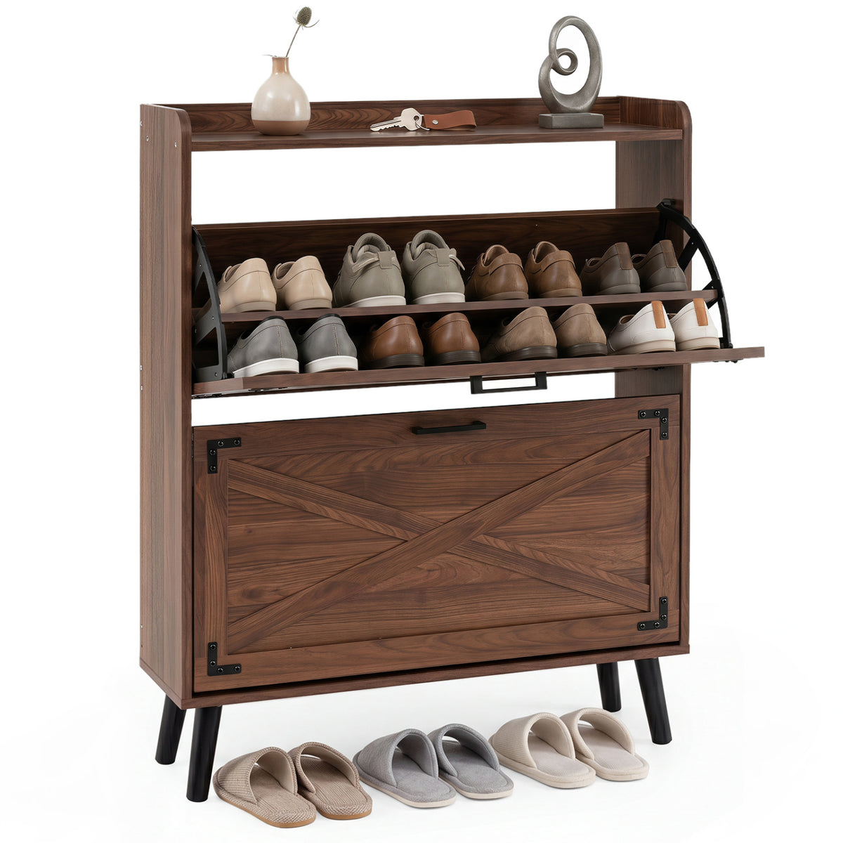Narrow Shoe Cabinet with Adjustable Shelves - Brown
