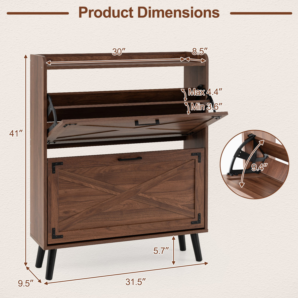 Narrow Shoe Cabinet with Adjustable Shelves - Brown