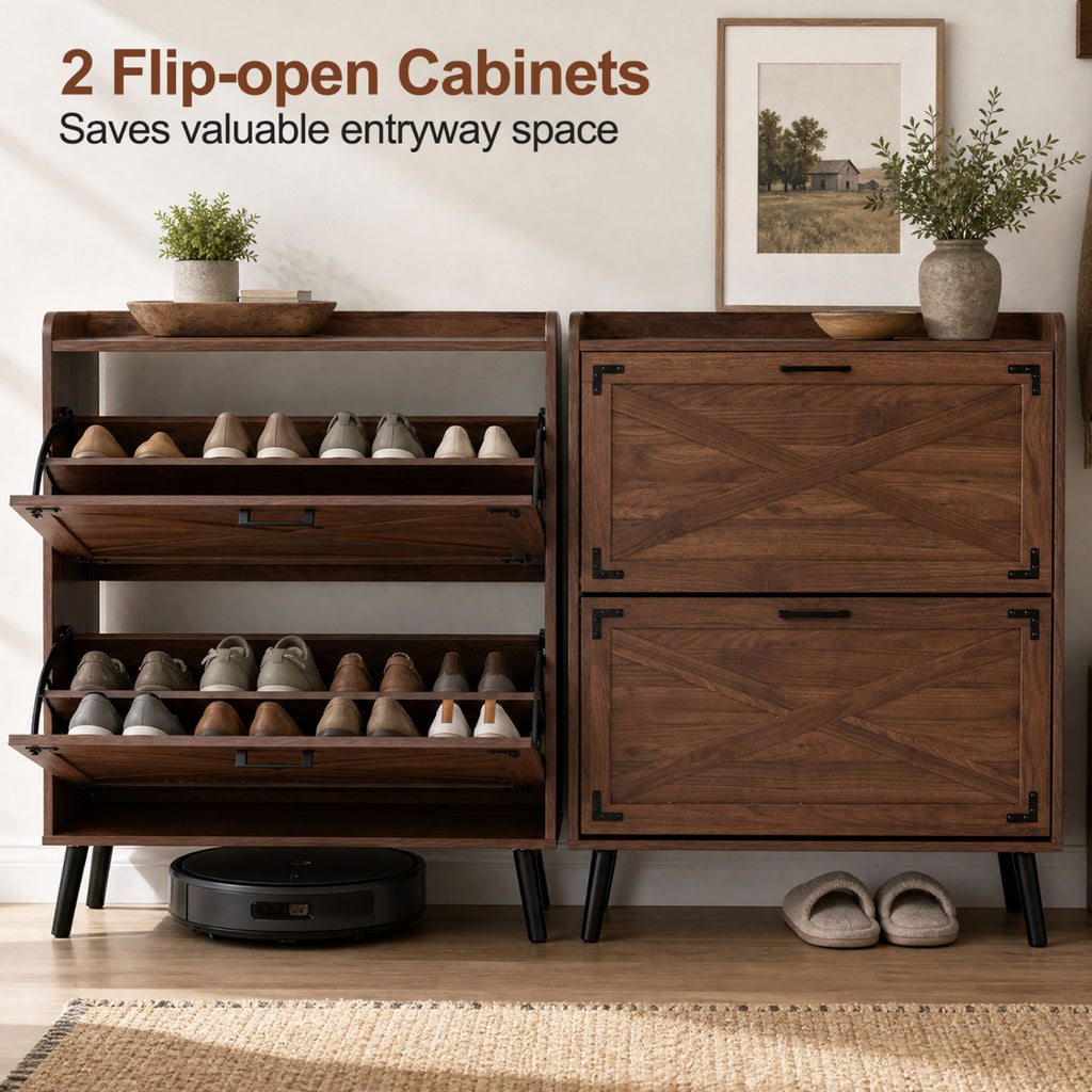 Narrow Shoe Cabinet with Adjustable Shelves - Brown