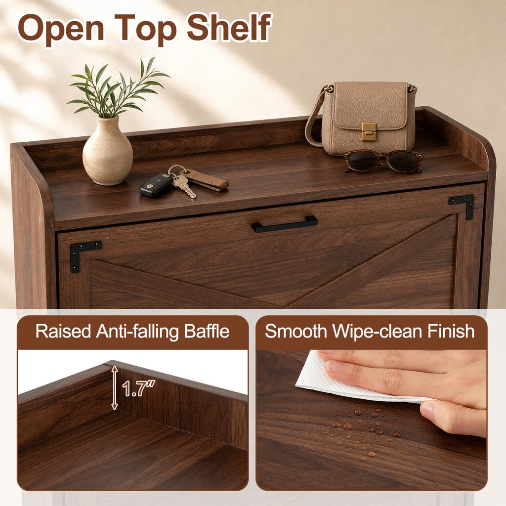Narrow Shoe Cabinet with Adjustable Shelves - Brown
