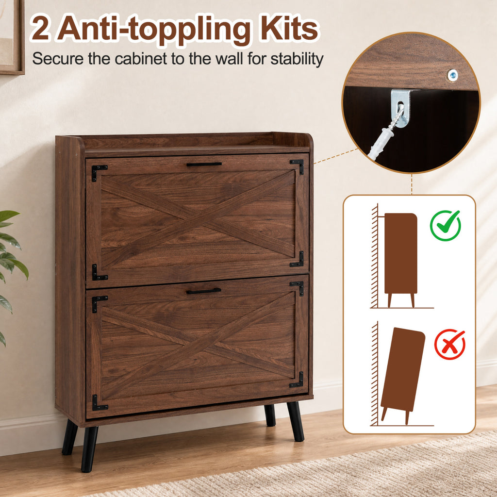 Narrow Shoe Cabinet with Adjustable Shelves - Brown
