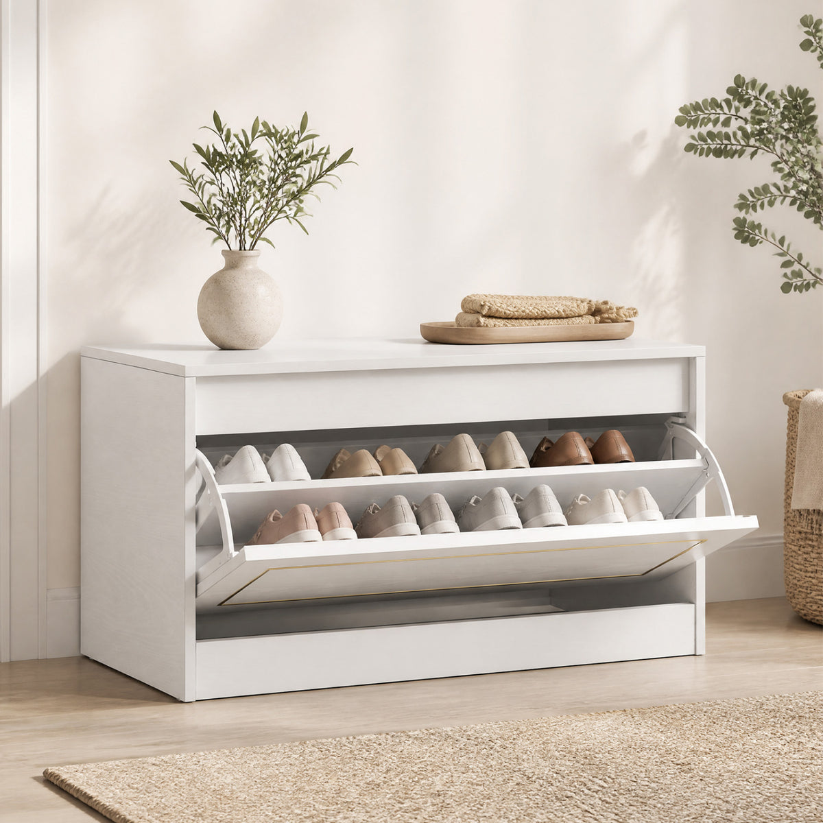 Narrow Shoe Cabinet with 1 Flip Drawer and Adjustable Shelf for