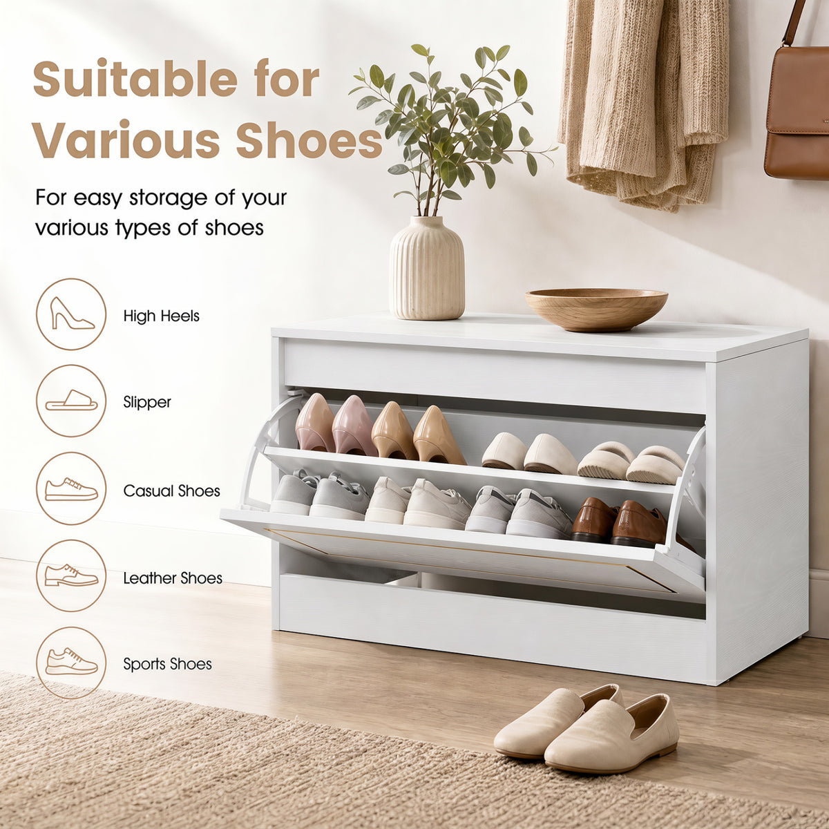 Narrow Shoe Cabinet with 1 Flip Drawer and Adjustable Shelf for