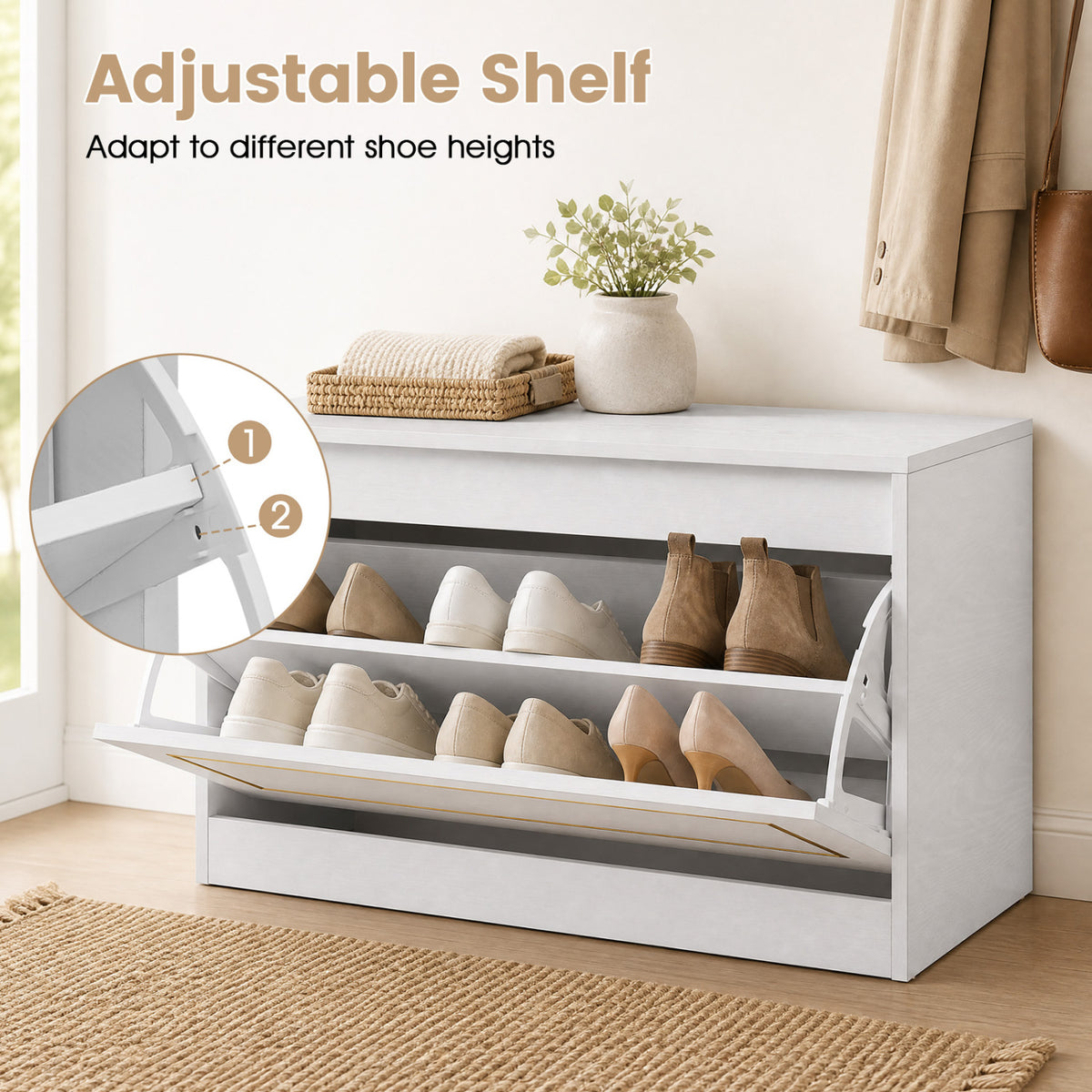 Narrow Shoe Cabinet with 1 Flip Drawer and Adjustable Shelf for